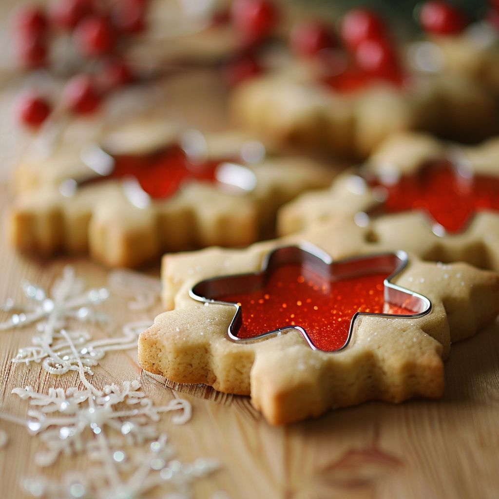 Close-up of large Christmas cookie cutters in various festive shapes like stars, trees, and snowflakes.
