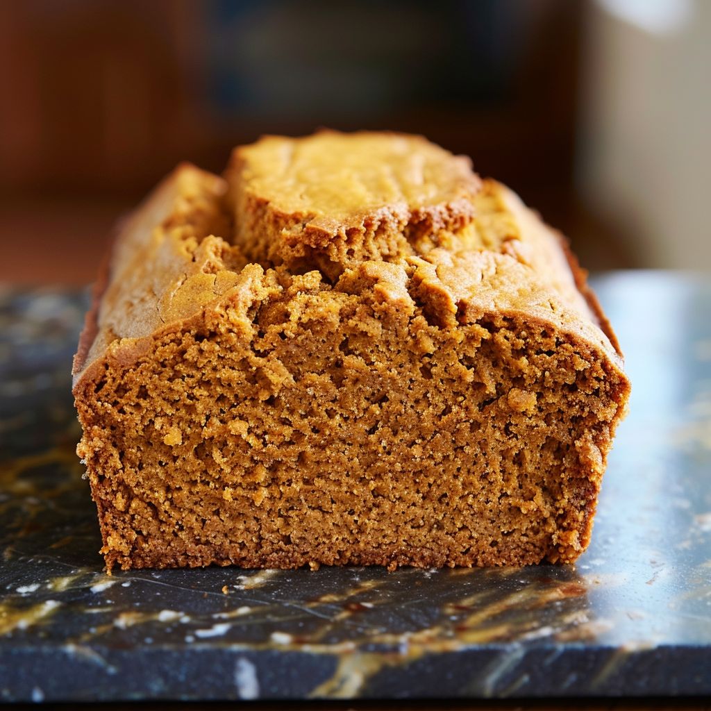 A loaf of freshly baked pumpkin bread on a wooden cutting board, surrounded by pumpkin seeds and spices.