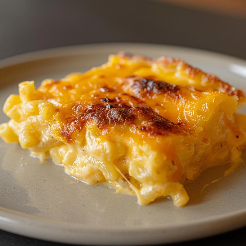 Close-up of a creamy, cheesy keto mac and cheese on a light grey plate.
