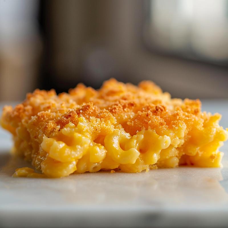A close-up of creamy keto mac and cheese with a smooth texture on a white marble surface.