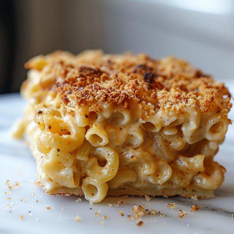 Close-up view of creamy baked mac and cheese with golden-brown crust on a white marble surface.