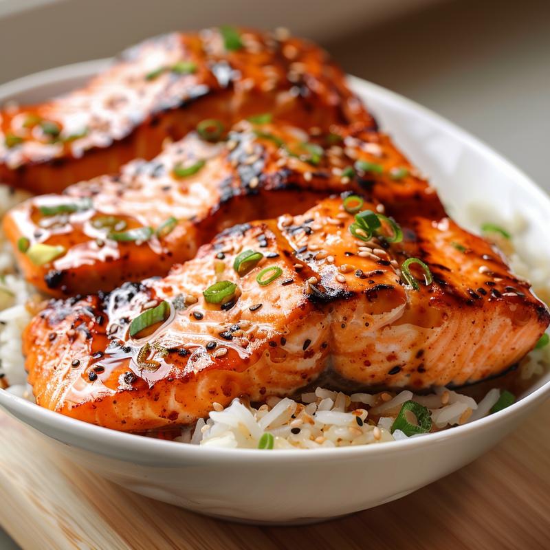 Close-up view of a chili honey salmon bowl on a light wood board.