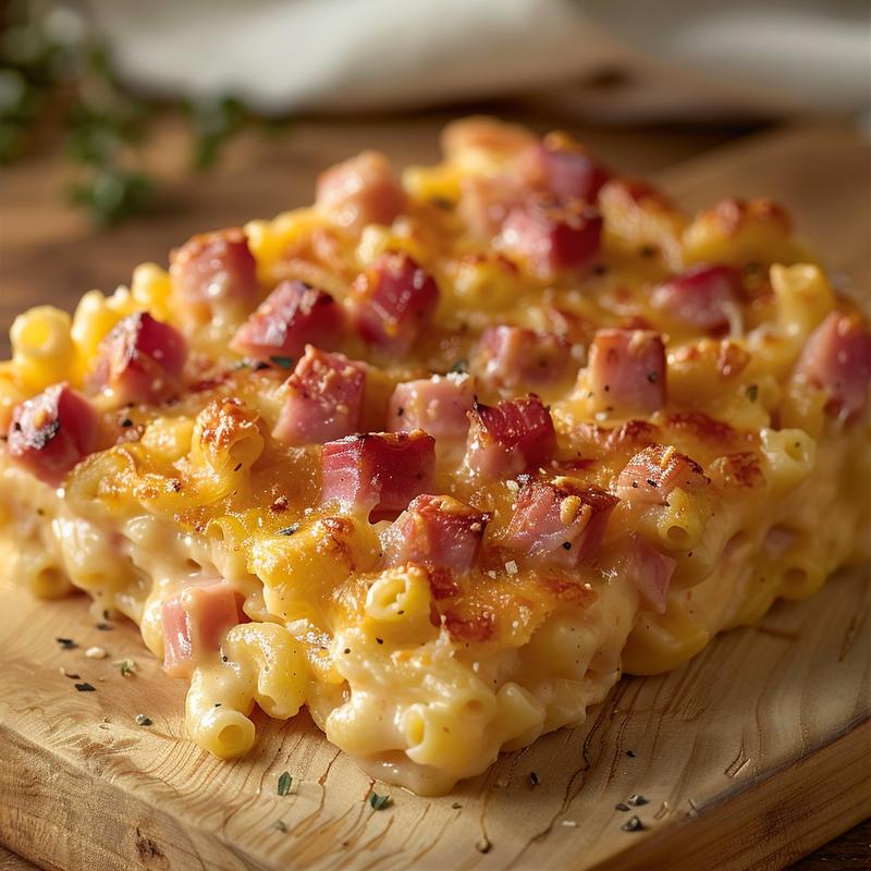 Close-up of a creamy mac and cheese ham casserole on a wooden board.