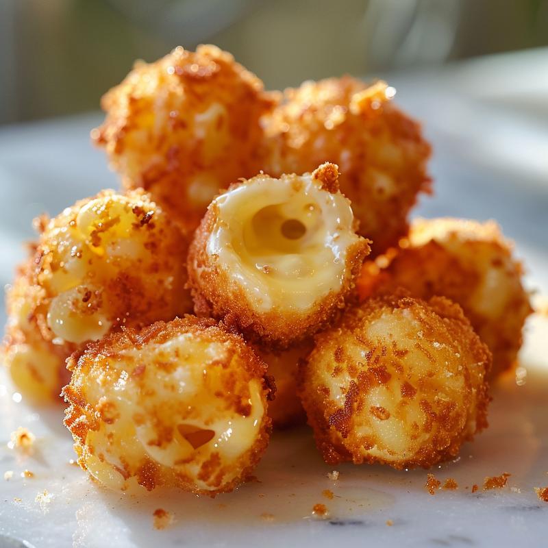 Close-up view of golden-brown fried macaroni and cheese balls on a white marble surface.