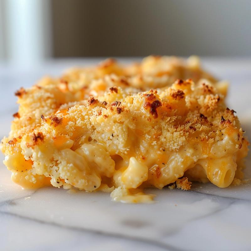 Close-up of creamy keto cauliflower mac and cheese on a white marble surface.