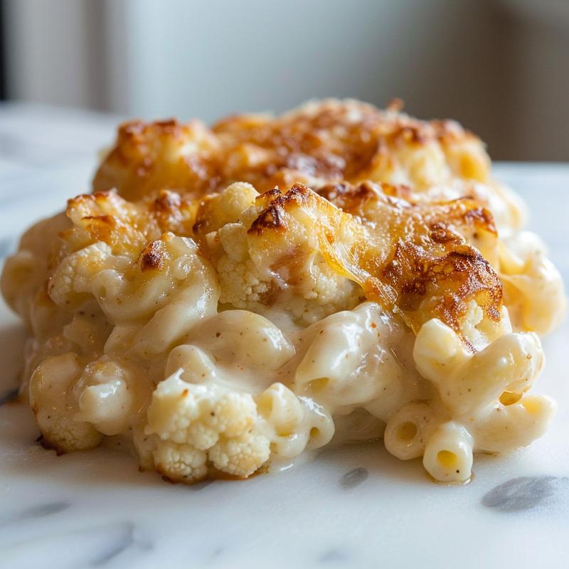 A creamy serving of keto cauliflower mac and cheese on a white marble surface, showcasing its rich texture.