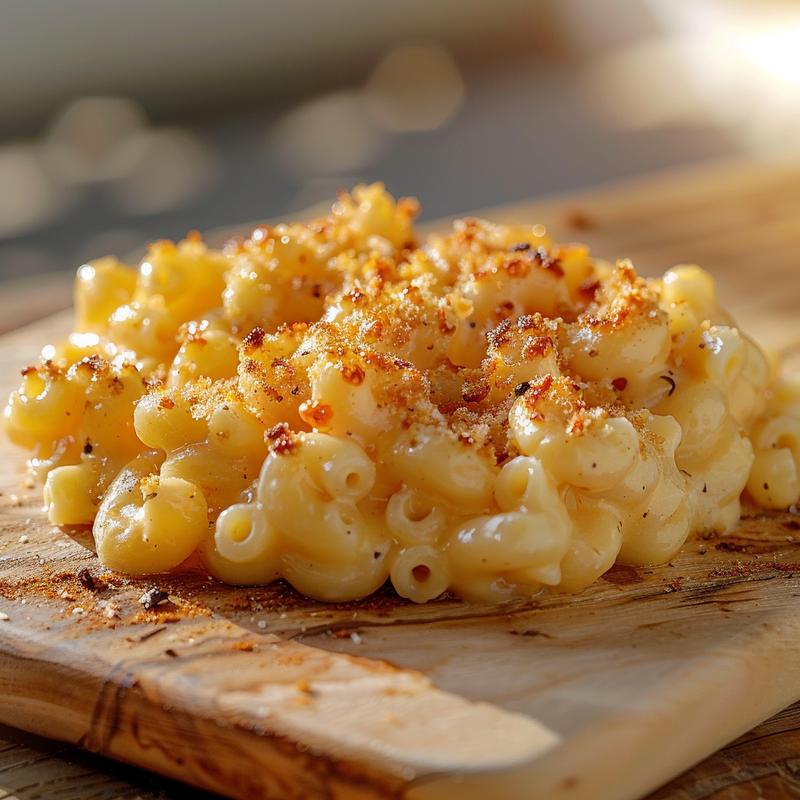 Close-up view of creamy stovetop mac and cheese on a wooden board.