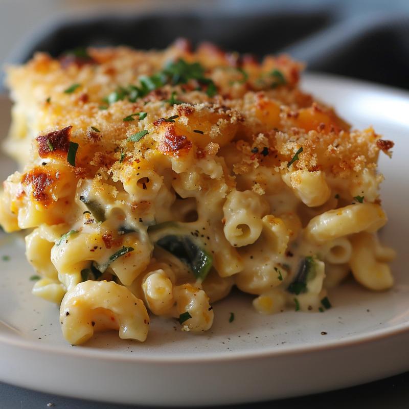 A close-up of creamy mac and cheese with hidden vegetables, served on a light grey ceramic plate.