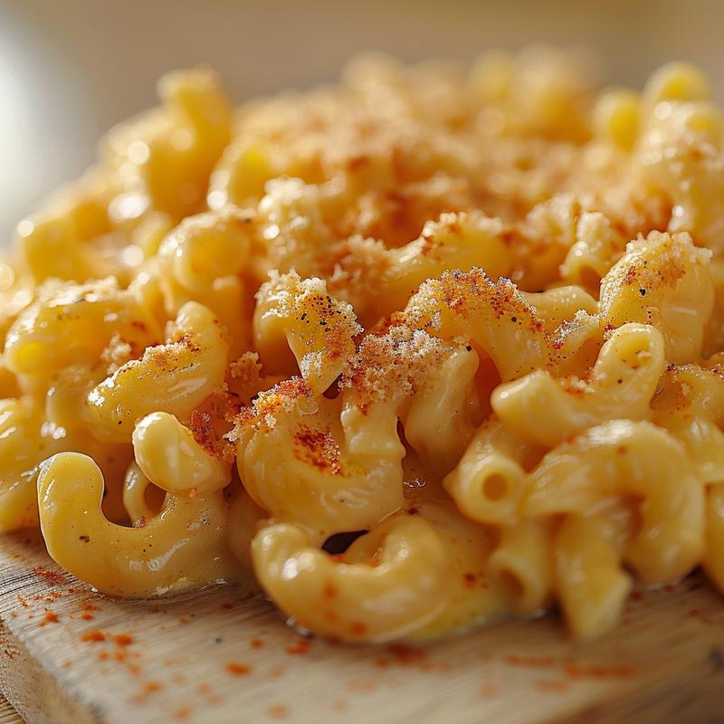 Close-up view of creamy gluten-free dairy-free macaroni and cheese on a wooden board.