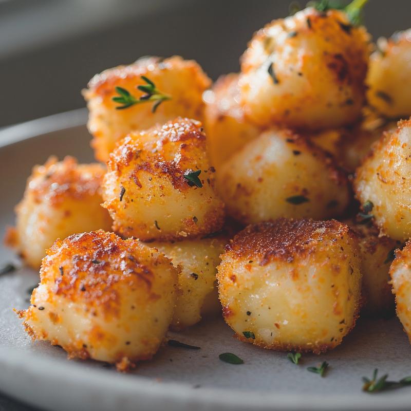 Close-up of golden, crispy mac and cheese bites on a light grey ceramic plate.