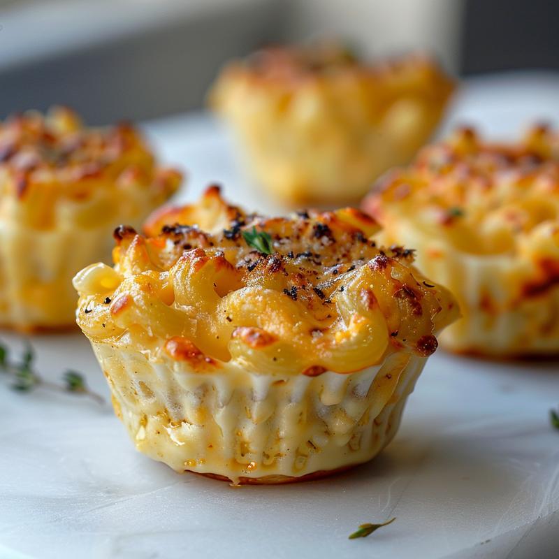 Close-up view of mini baked mac and cheese cups on a white marble surface.