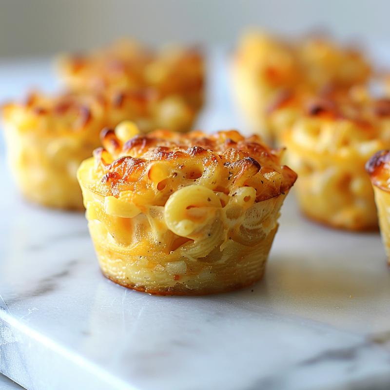 Close-up of gluten-free miniature mac and cheese cups on a marble surface.