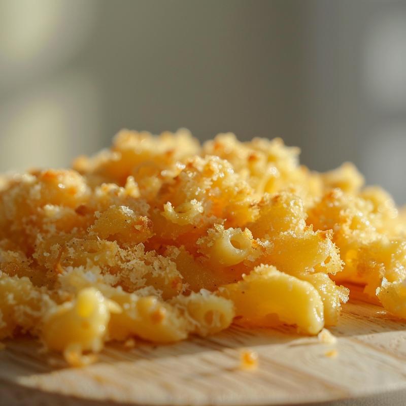A creamy portion of keto mac and cheese on a light wood board.