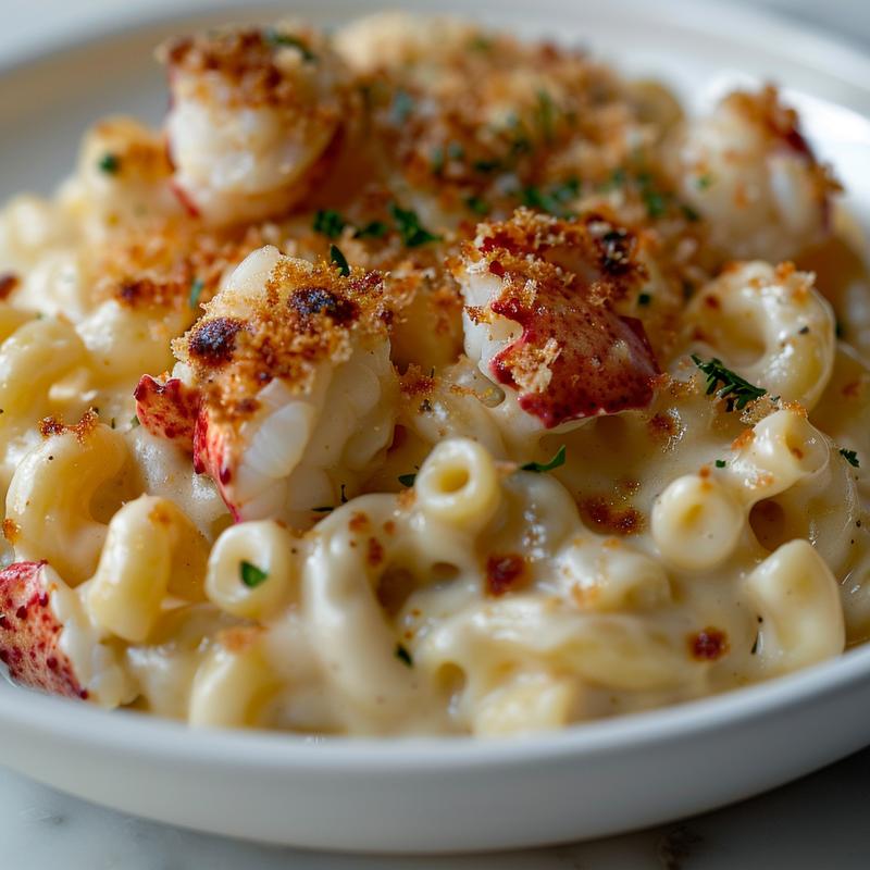 Close-up of creamy lobster mac and cheese on a white marble surface.