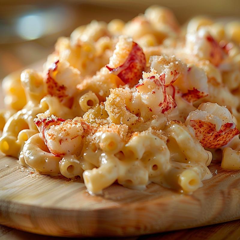 Close-up of a creamy lobster mac and cheese dish on a wooden board.