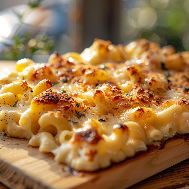 Close-up of creamy keto cauliflower mac and cheese on a wooden board.