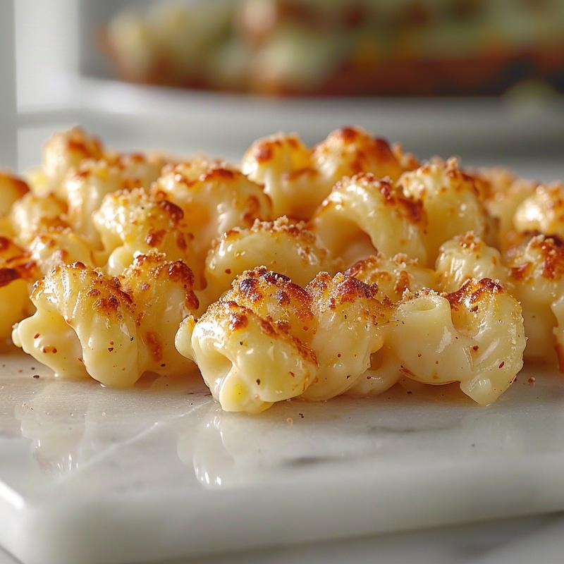 Close-up of four cheese macaroni and cheese bites arranged on a white marble surface.