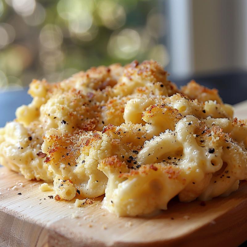 A creamy portion of low-carb cauliflower mac and cheese on a light wood board.
