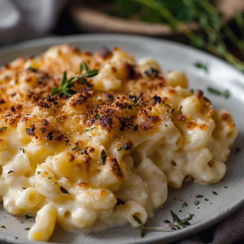 Close-up of creamy cauliflower mac and cheese on a light grey plate.