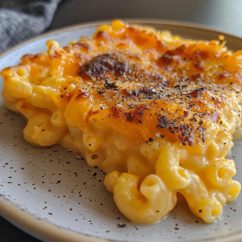 Close-up of a creamy, cheesy keto mac and cheese on a light grey plate.