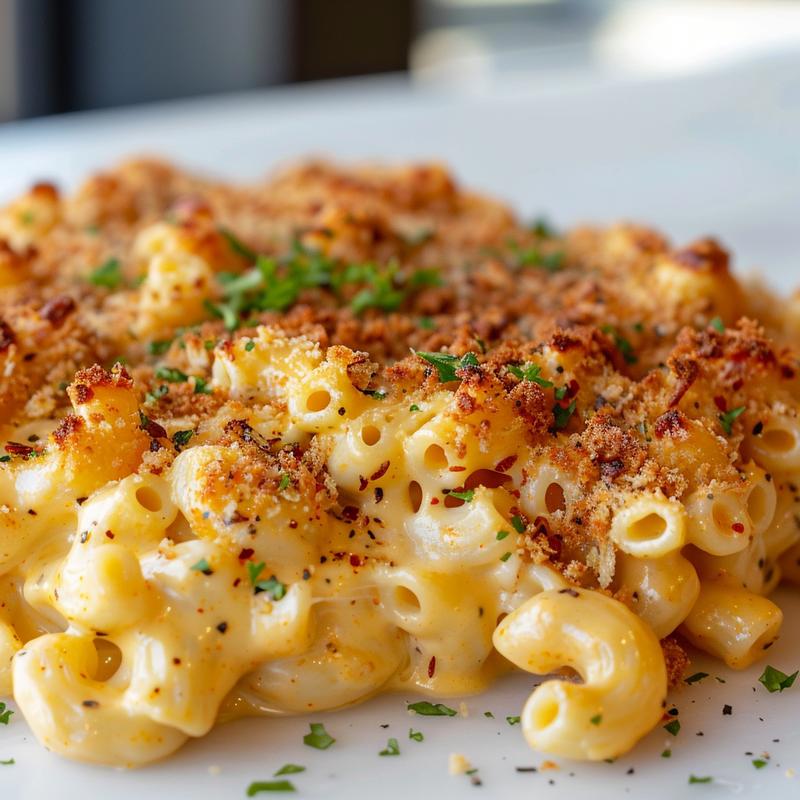 Close-up view of creamy baked mac and cheese with golden-brown crust on a white marble surface.