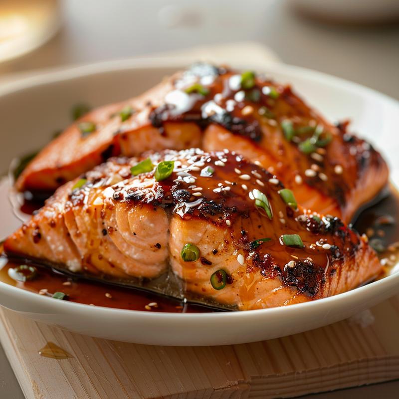 Close-up view of a chili honey salmon bowl on a light wood board.
