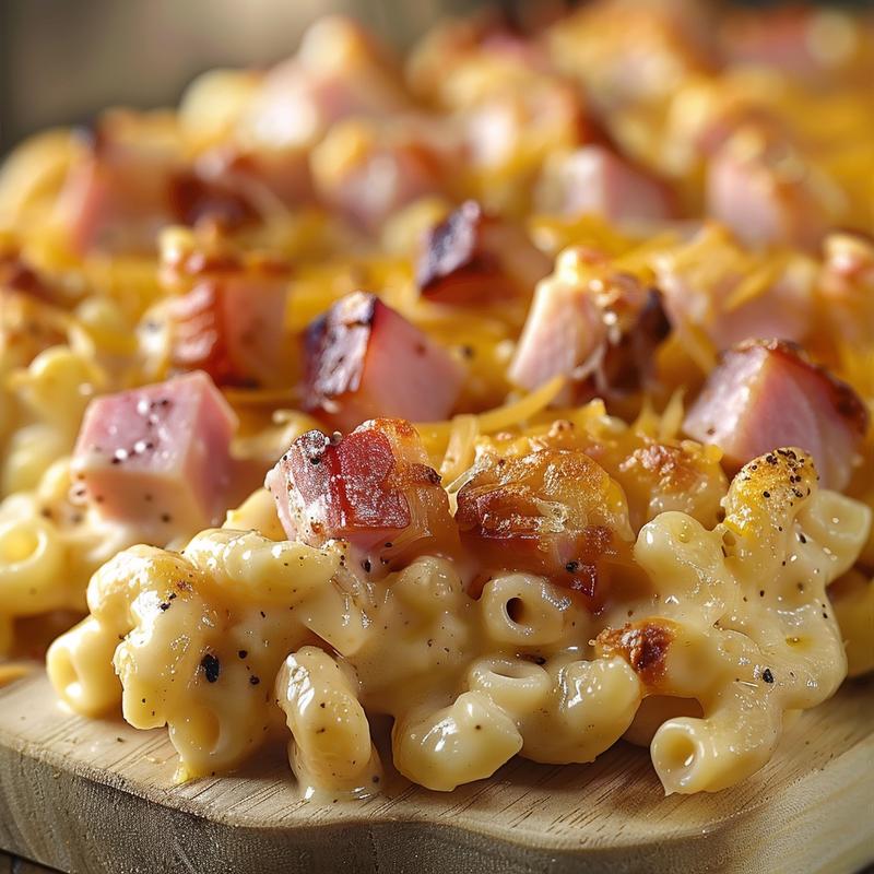 Close-up of a creamy mac and cheese ham casserole on a wooden board.