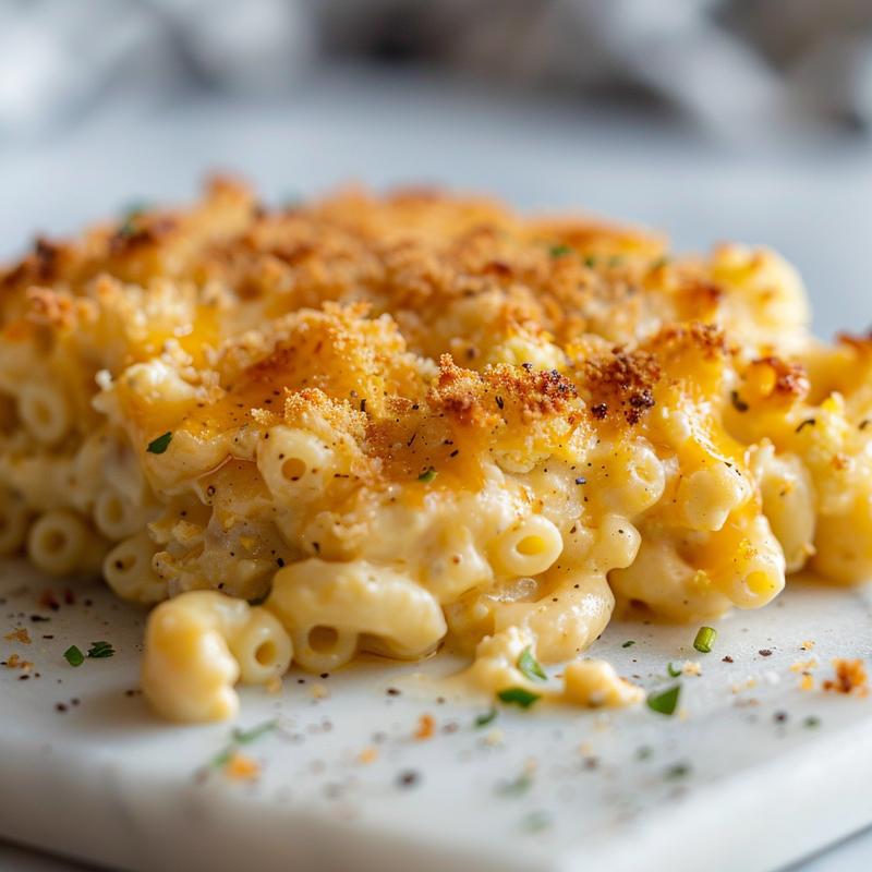 A creamy serving of keto cauliflower mac and cheese on a white marble surface, showcasing its rich texture.