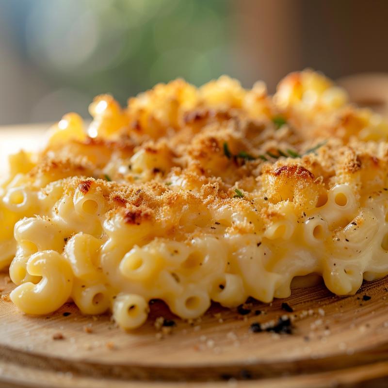 Close-up view of creamy stovetop mac and cheese on a wooden board.