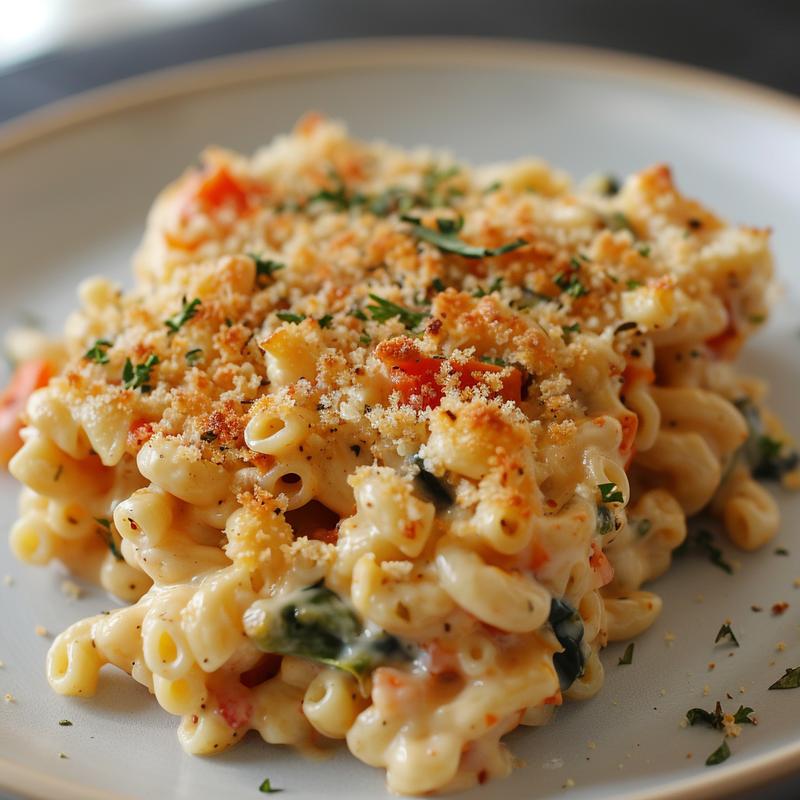 A close-up of creamy mac and cheese with hidden vegetables, served on a light grey ceramic plate.