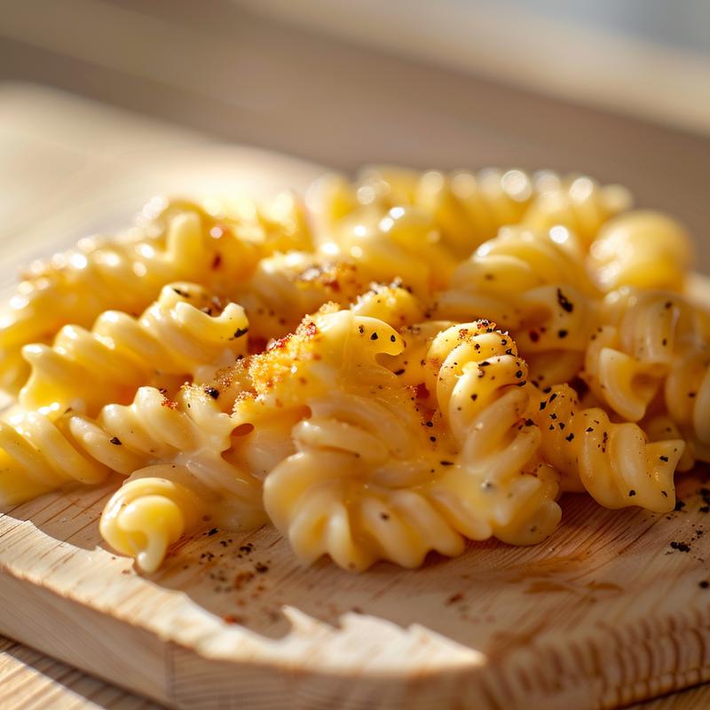 Close-up view of creamy gluten-free dairy-free macaroni and cheese on a wooden board.