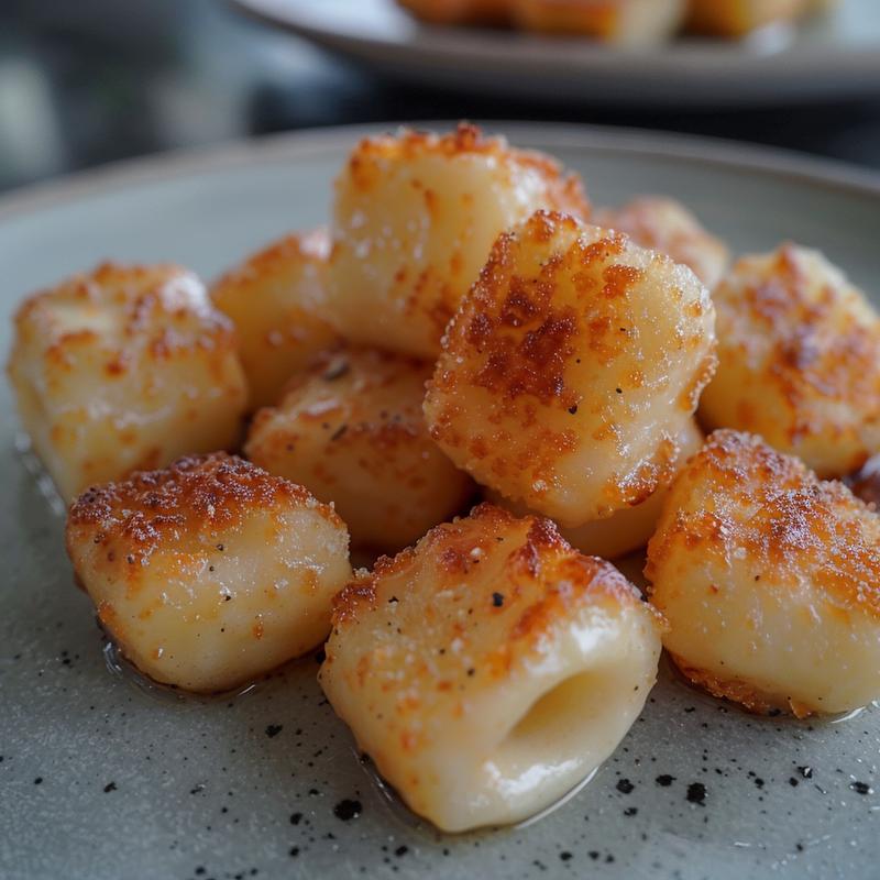 Close-up of golden, crispy mac and cheese bites on a light grey ceramic plate.