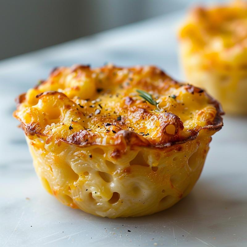 Close-up view of mini baked mac and cheese cups on a white marble surface.