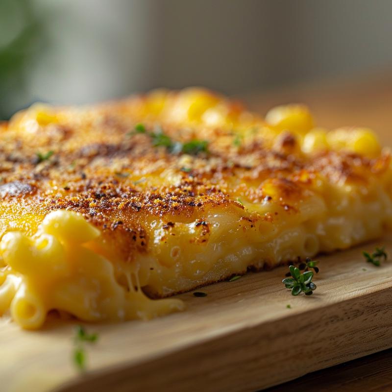 A creamy portion of keto mac and cheese on a light wood board.