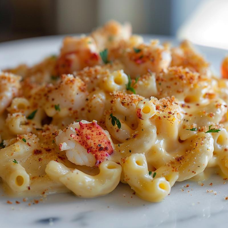 Close-up of creamy lobster mac and cheese on a white marble surface.