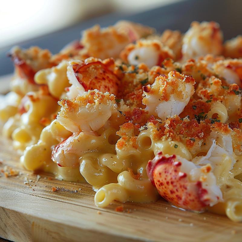 Close-up of a creamy lobster mac and cheese dish on a wooden board.