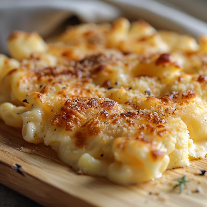 Close-up of creamy keto cauliflower mac and cheese on a wooden board.