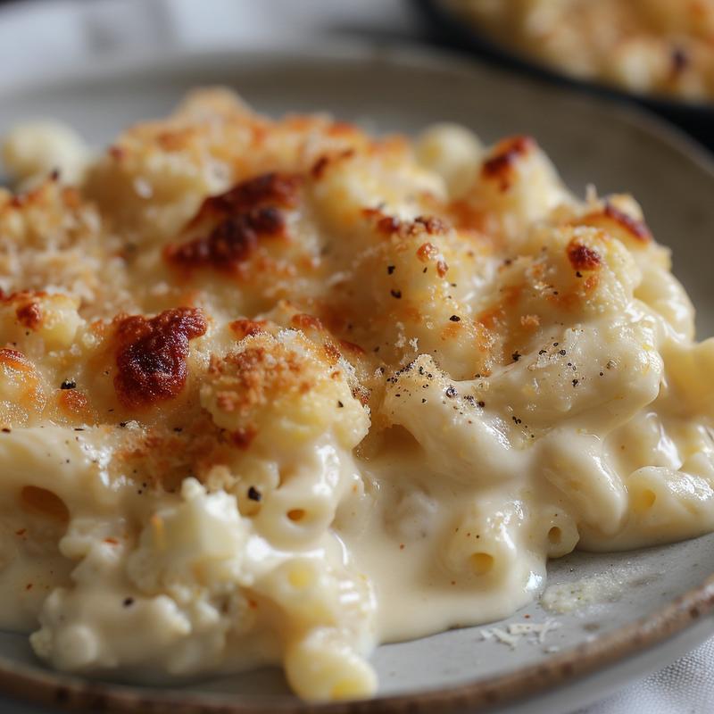 Close-up of creamy cauliflower mac and cheese on a light grey plate.