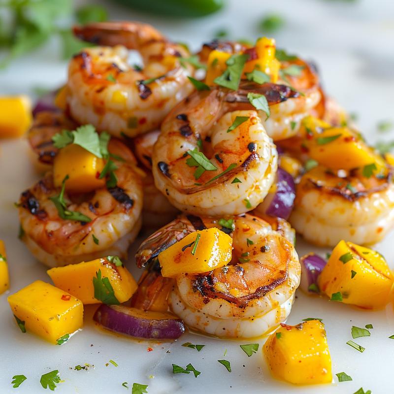 Close-up of grilled shrimp with mango salsa on white marble.