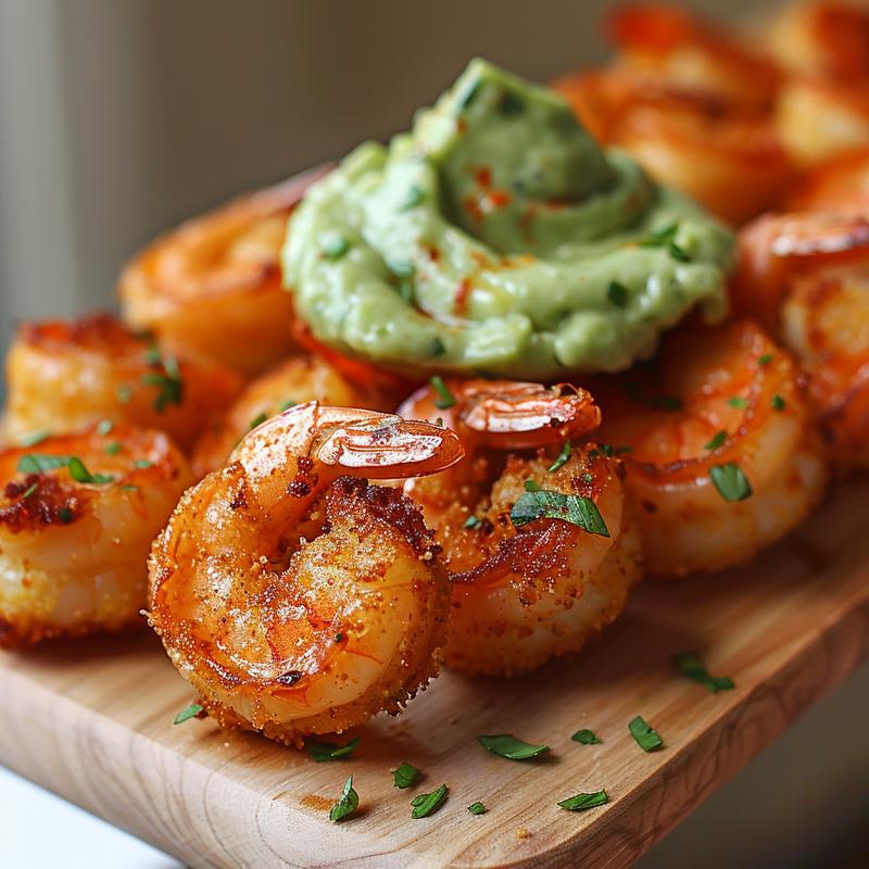 Close-up of crispy garlic shrimp bites with avocado mousse on a wood board.
