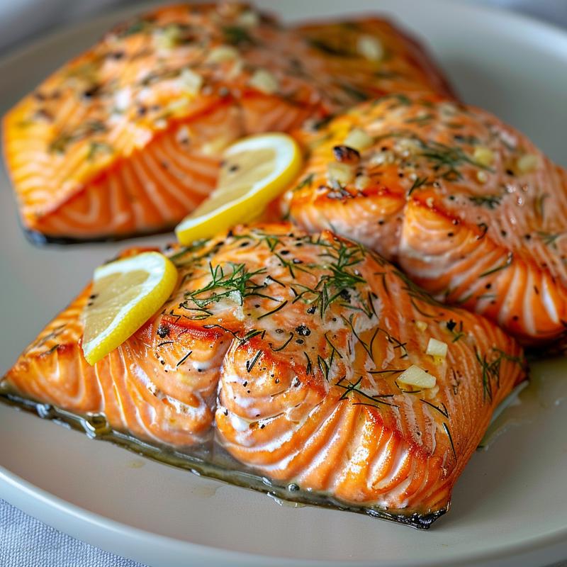 Close-up of flaky baked salmon with lemon and dill on a grey plate.