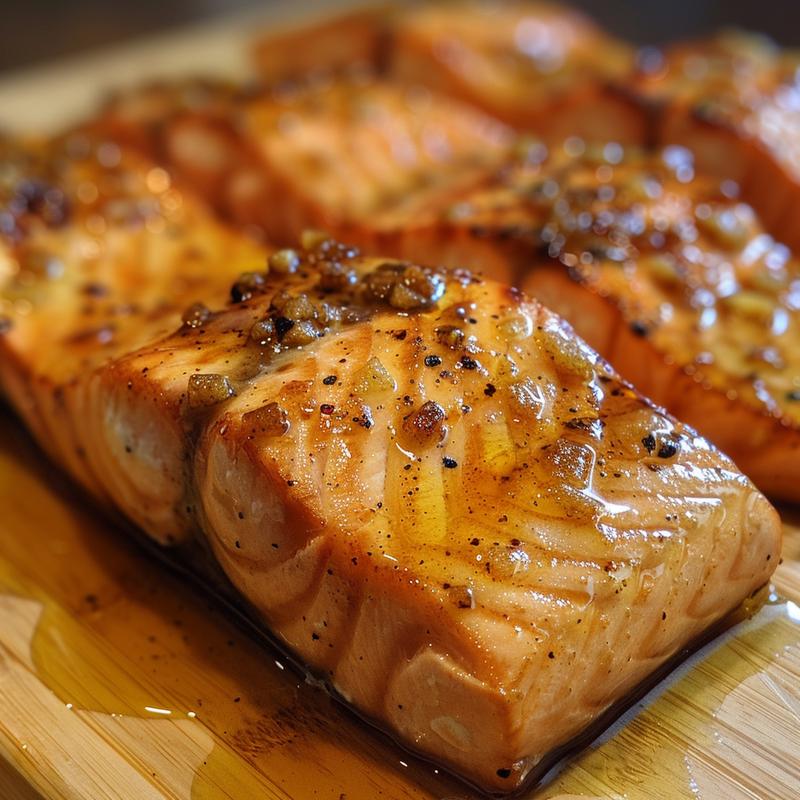 Close-up of glazed brown sugar soy sauce salmon on light wood.