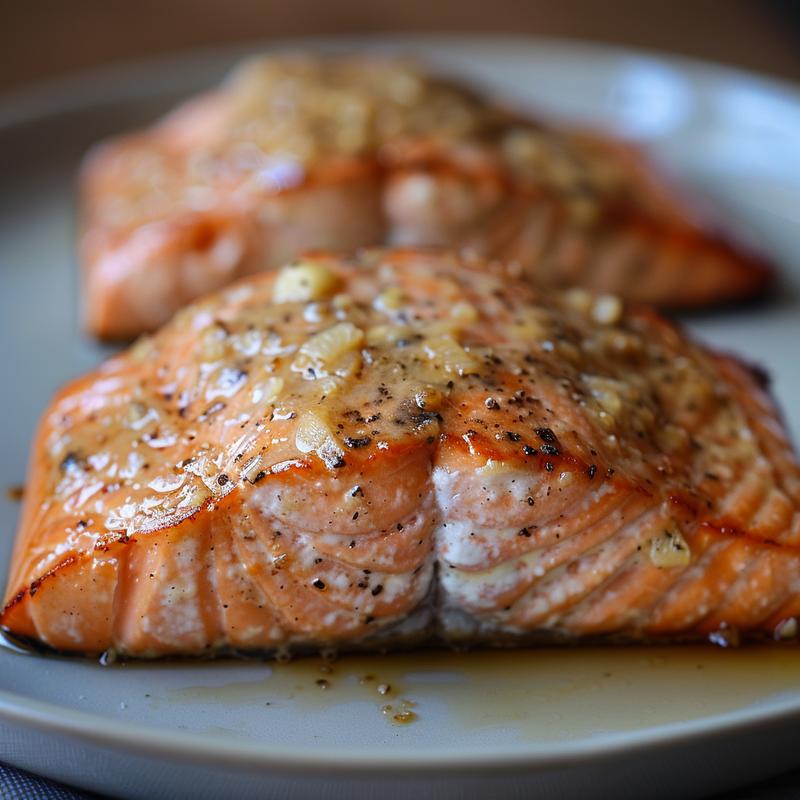 Close-up of mayo-baked salmon on a light grey plate, showcasing the texture.