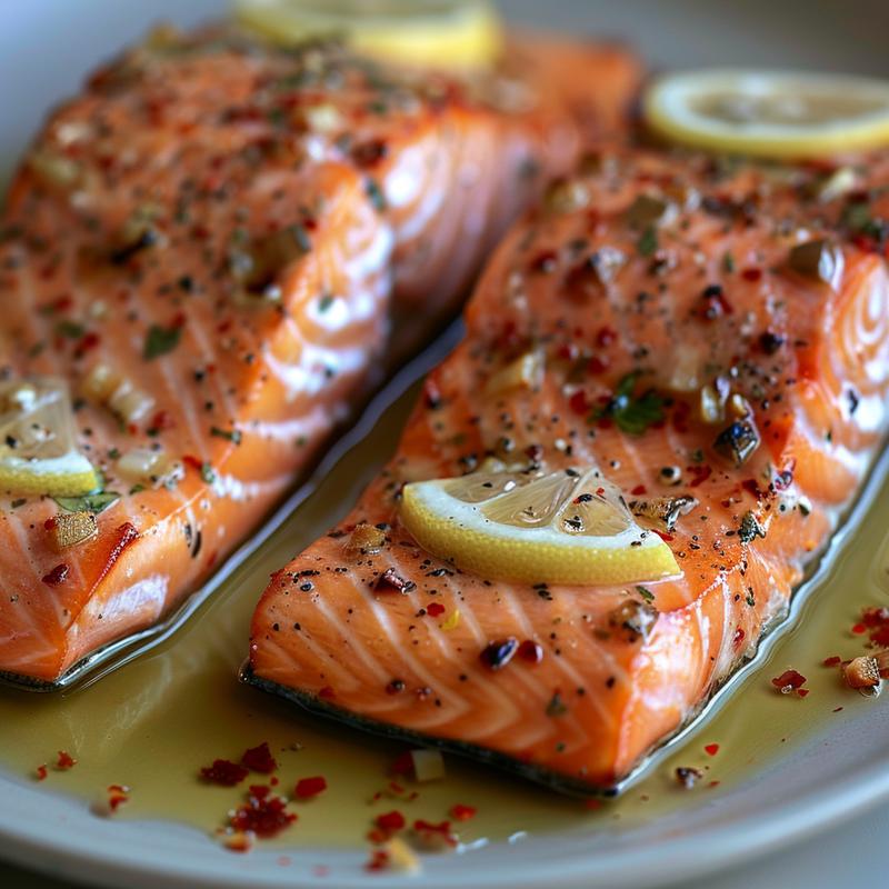 Close-up of cooked salmon fillet with lemon slices on a grey plate.
