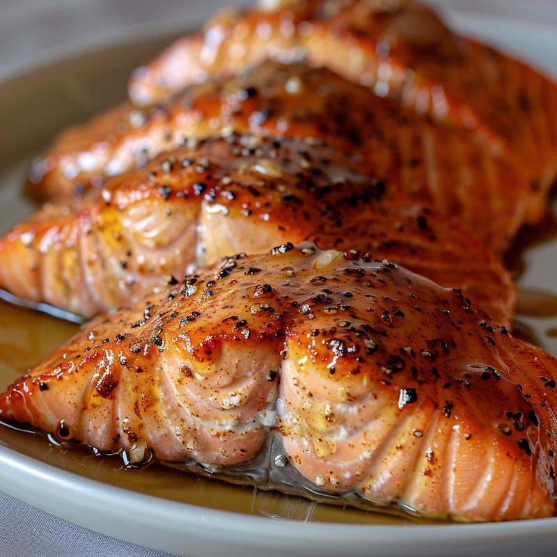 Close-up of cooked salmon fillet with visible spices on a gray plate.