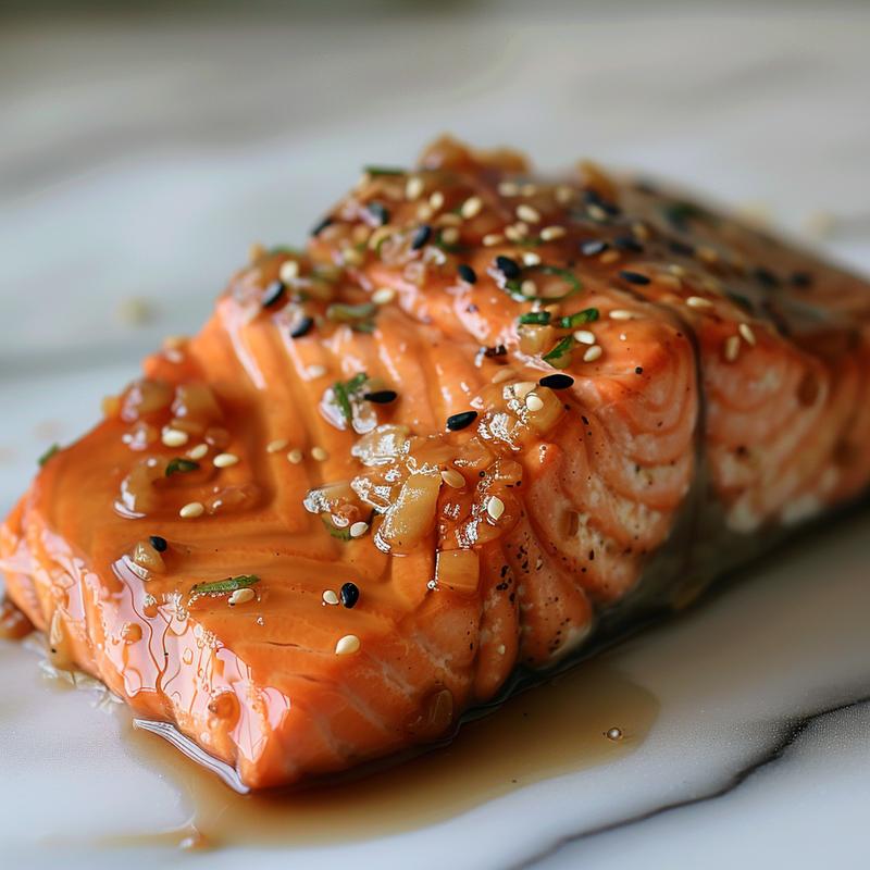 Close-up of glazed salmon on white marble.