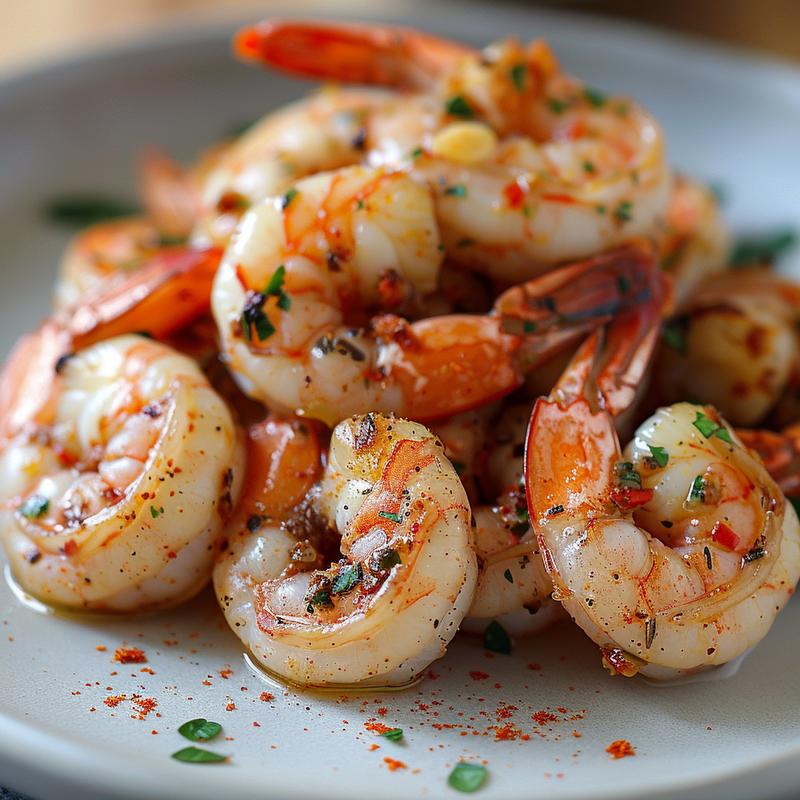 Close-up of seasoned, baked shrimp on a grey plate.