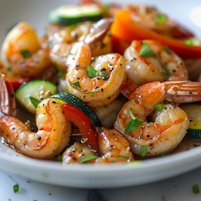 Close-up of garlic shrimp skillet with sliced bell peppers and zucchini on white marble.