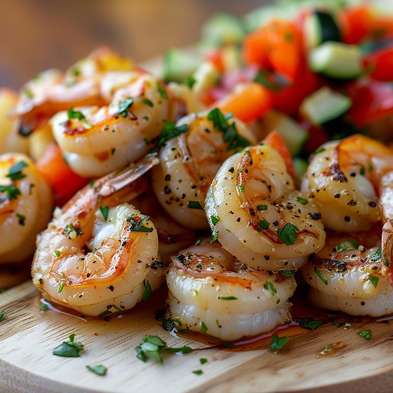 Close-up of garlic parmesan shrimp and vegetables on a wood board.