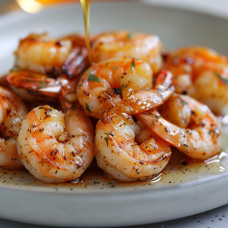 Close-up of honey garlic shrimp on a light grey plate.